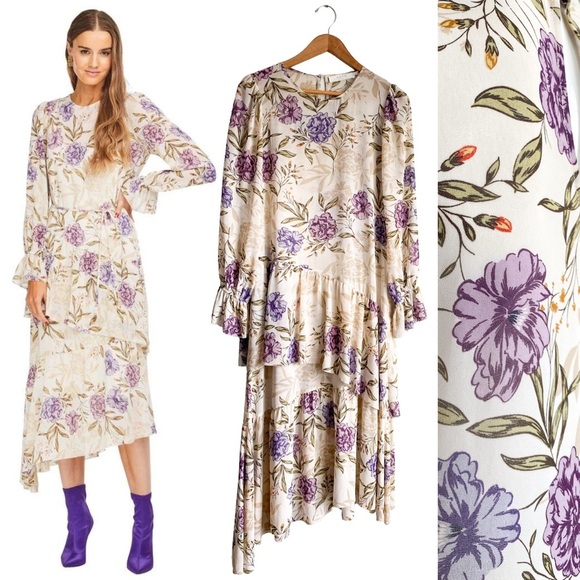 ASTR Lilac Cream Floral Asymmetrical Hem Victorian Wedding Guest Midi Dress S - Picture 1 of 11